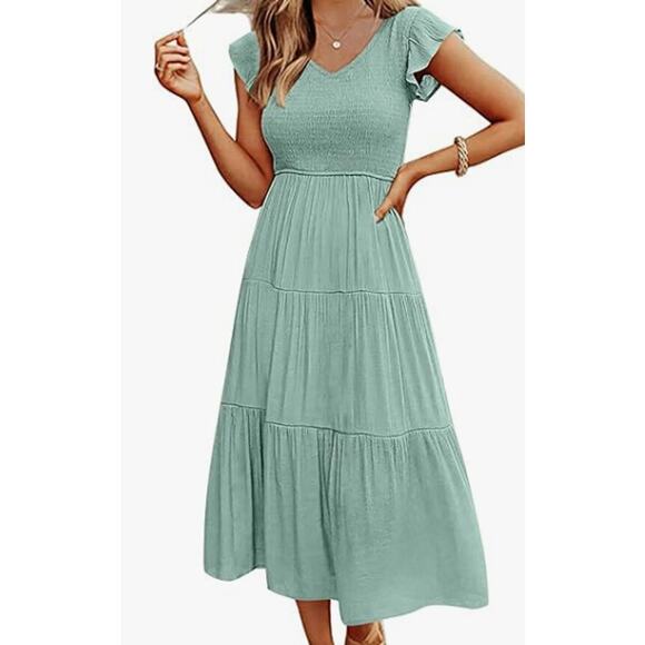 #2NWT Merokeety Light Green Midi Dress Smocked Top Flutter Sleeves Size Large - Picture 1 of 3